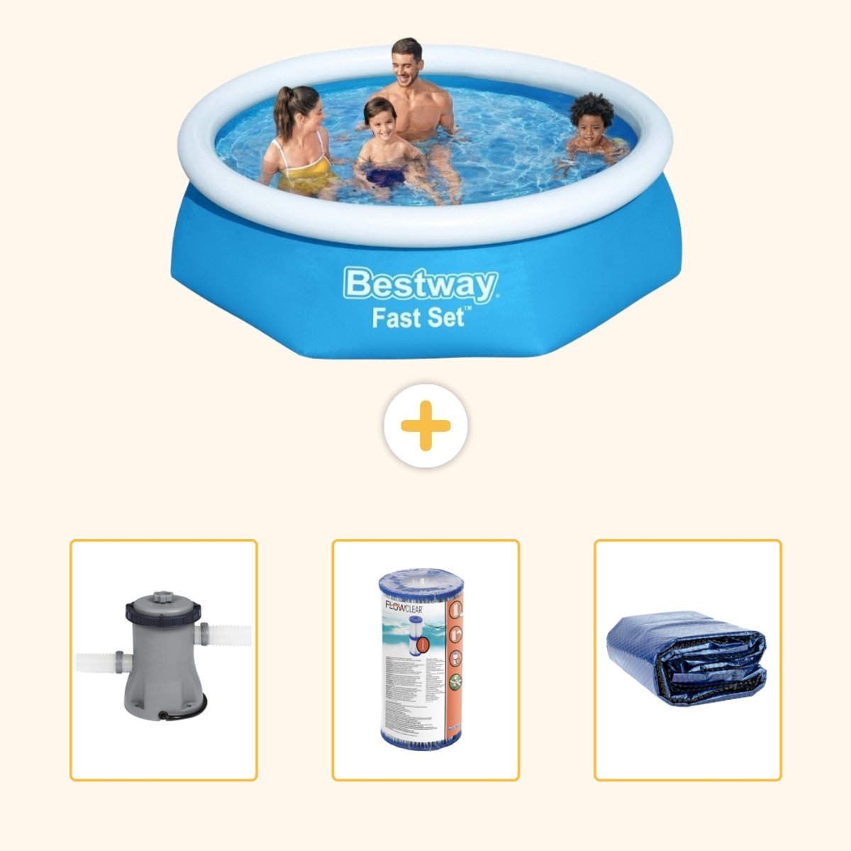 Bestway Rond Opblaasbaar Fast Set Zwembad - 244 x 61 cm - Blauw - Inclusief Pomp - Filter - Solarzeil - 4-delig