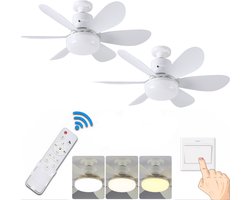 KZQ Plafondventilator - 2 Stuks - Wit Mat - Incl 15W Lamp - Licht Apart Schakelbaar - Afstandsbediening - Dimbaar - Traploos Instelbare Lichtkleur - Nachtlampje - 3 Snelheden