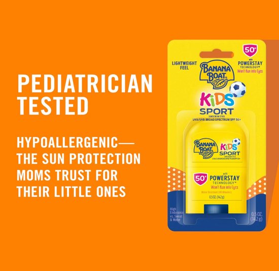 Gele Banana Boat Kids Sport zonnebrandstick, SPF 50, PowerStay Technology. "Pediatrician Tested" en "Hypoallergenic".