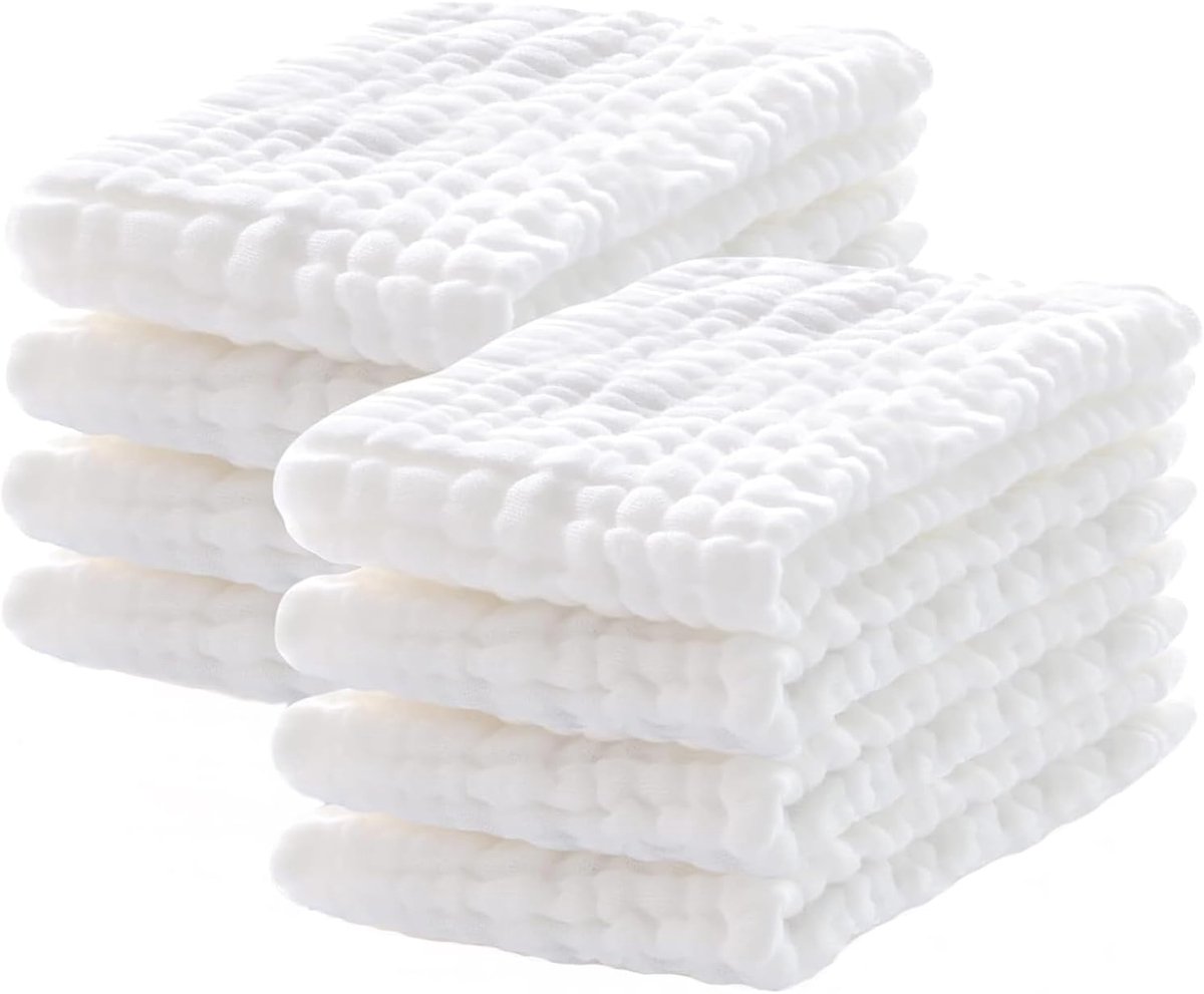 SnelShoppen - Pack van 8 Burp Cloths 25 x 50 cm - Muslin Baby Washcloths - Absorberende Zachte Katoenen Burpdoeken - Ideaal voor Baby's - Wit