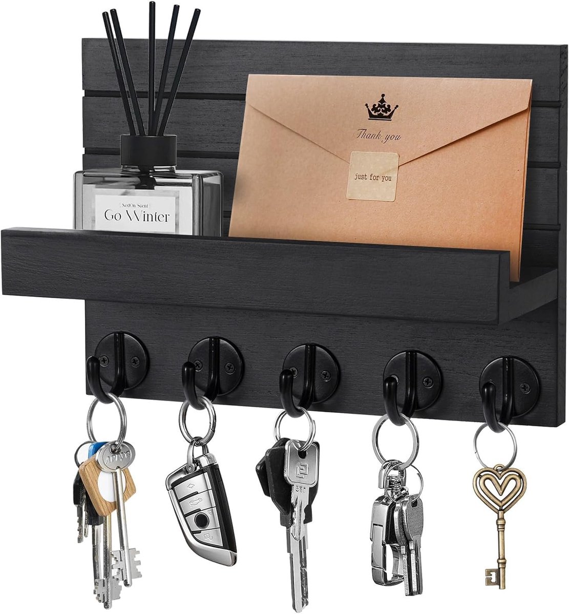 Thijox - Sleutelrek met Plank - Decoratief Houten Wandrek - Zwart Houten Sleutelrek met 5 Sleutelhaken - Ideaal voor Ingang, Hal, Slaapkamer en Woonka