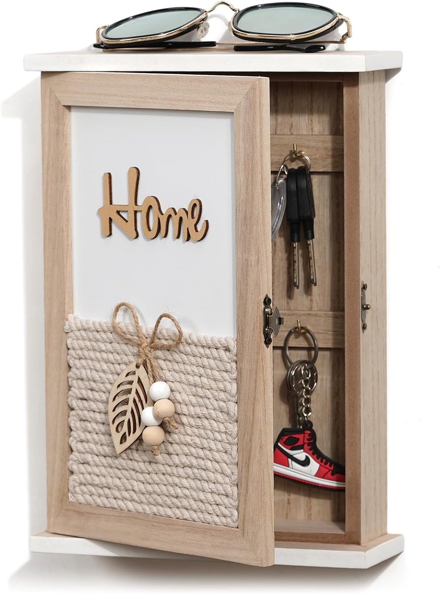 Thijox - Sleutelkast Houten Sleutelbox met Bladeren en Houten Kralen, Wandorganizer met 6 Sleutelhaken, Wit, Ideaal voor Ingang, Hal en Kantoor