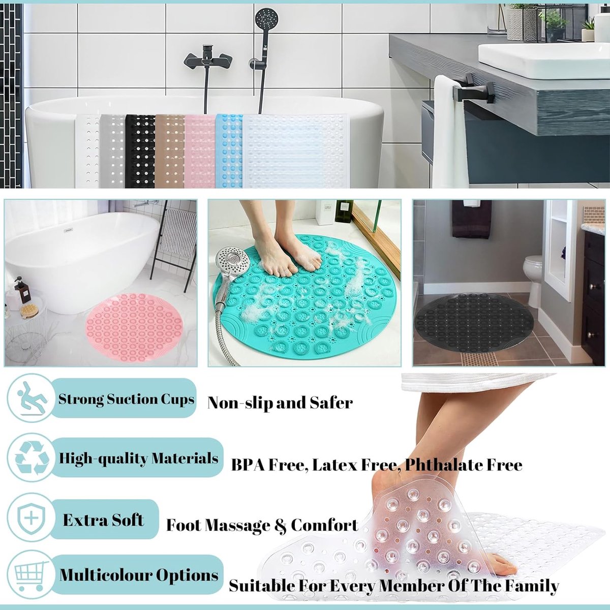 Thijox - Douchemat 53x53cm, Ronde Anti Schimmel Badmat, Antislip Badmat met Zuignappen en Afvoergaten, Machinewasbare Douchemat voor Badkamer en Kinde