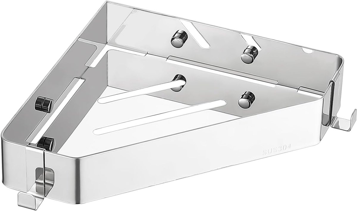 Thijox - Hoek Doucheplank Badkamer 304 RVS Doucherek Set met 4 Haken, Toiletborstel, Tissues Dispenser en Douchemandje voor Douche en Keuken
