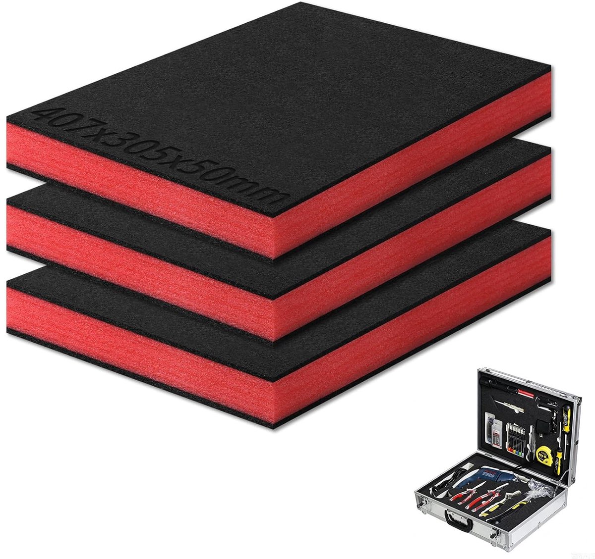 SnelShoppen - Shadow Foam 3 Delige Set (407 x 305 x 50 mm) Schuim Bladen voor Gereedschapskist, Werkplaats Trolley, Schokabsorberend, Zwart/Rood, Idea