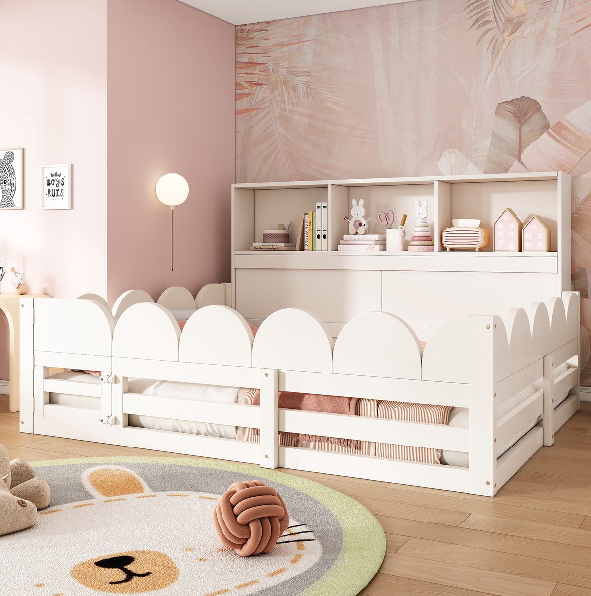 OKWISH Kinderbed 140x200 cm - Met Uitvalbeveiliging en Deur - Met Lattenbodem en Open Kast - Vloerbed van Hout - Zonder Matras - Wit