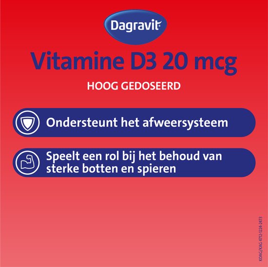 Dagravit Vitamine D3 20 mcg HOOG GЕДOSEERD. Ondersteunt het afweersysteem. Speelt een rol bij het behoud van sterke botten en spieren.