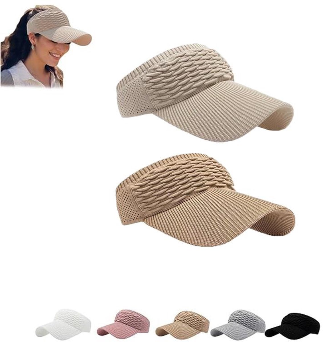 KZQ Zonnehoed - Brede rand, UV-bescherming - Gebreide, sneldrogende hardloopmuts - Met opening voor een paardenstaart - Unisex, geschikt voor strand en sport - Khaki en beige - One size fits all