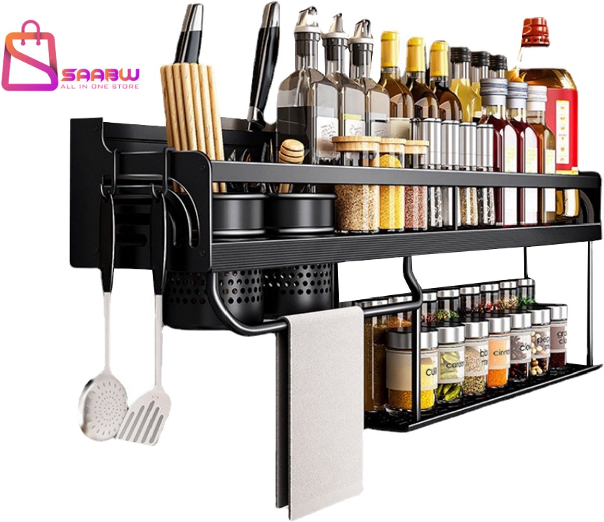 Metalen Wandrek Keuken - Keuken Organiser - Kruidenrek - Wandplank met 10 Haken - Messenhouder - Wandplank Zwart - 76621