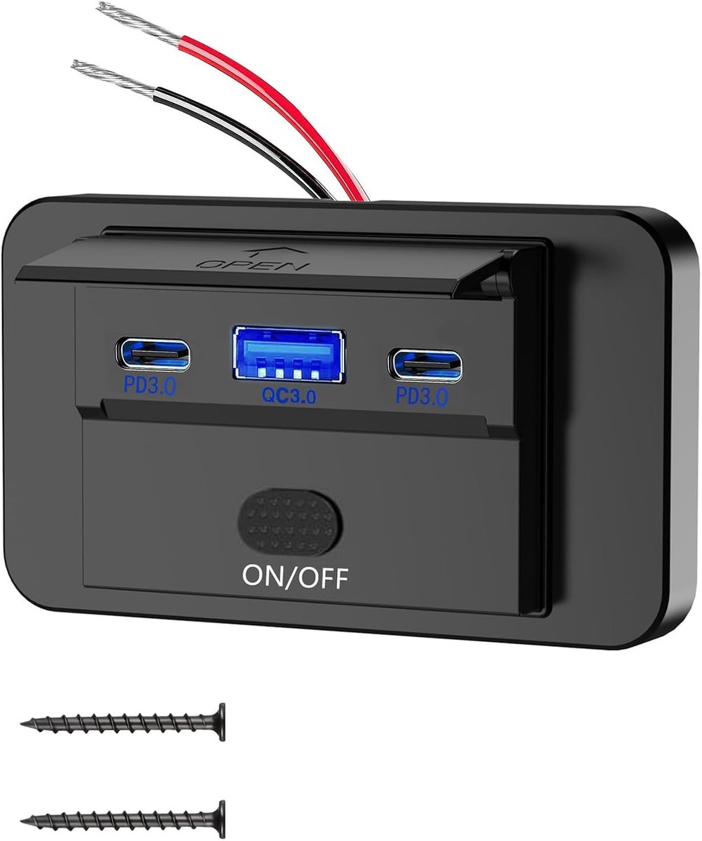 SnelShoppen - USB-aansluiting 90 W 12 V Oppervlaktemontage Licht Dual USB C 36 W QC 3.0 18 W Autoaansluiting Sigarettenaansteker Paneel Reservelader m