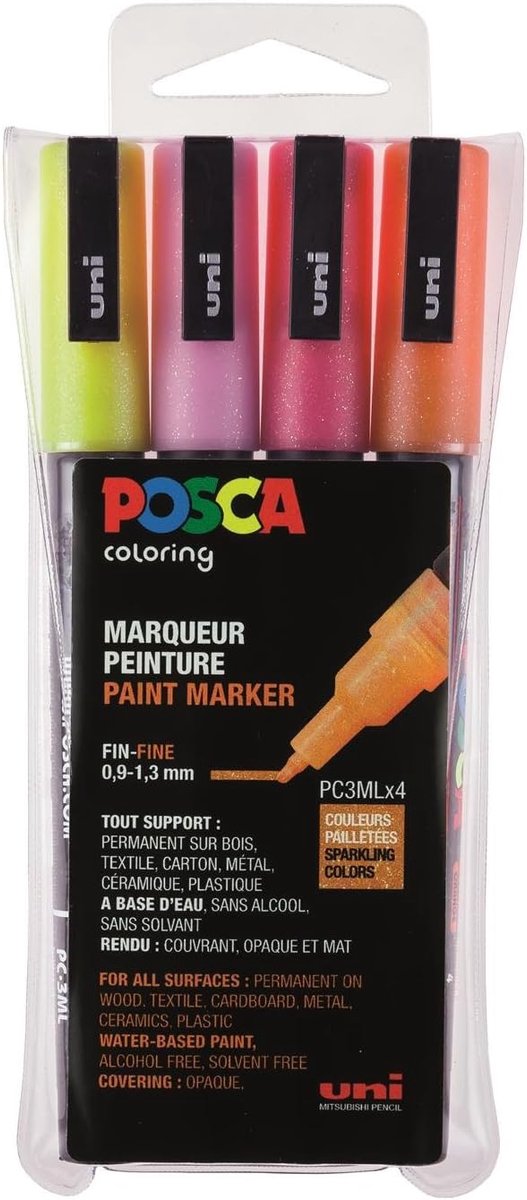 Thijox - POSCA Marker Set van 4 - Fijne Ronde Punt Glitter Kleurmarkers - Warme Kleuren voor Kunststof, Textiel, Metaal, Keramiek, Glas - Perfect voor