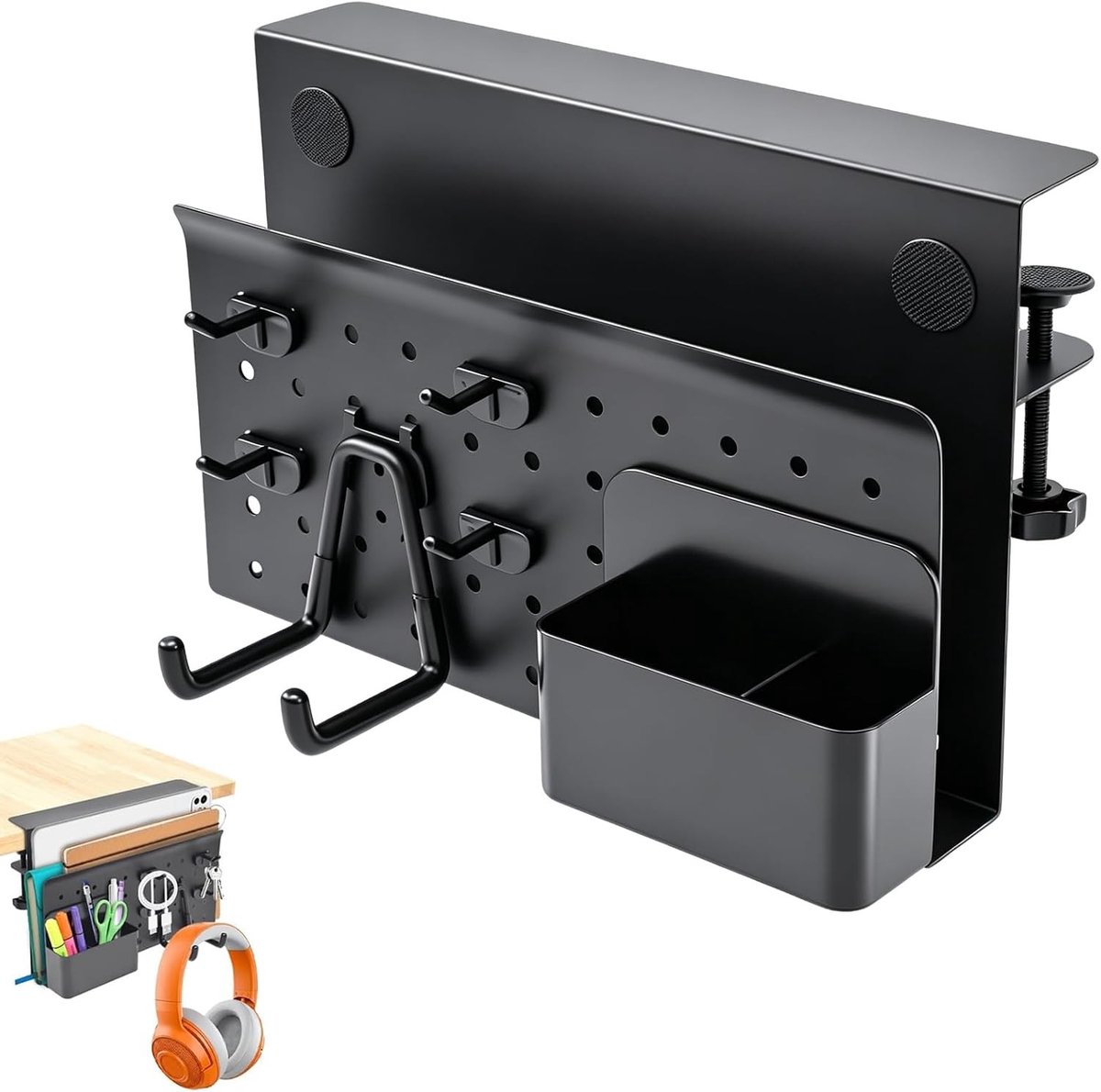 Bureau met zijopslag en magnetische penhouder, antislip laptoporganizer zonder boren, praktische haken en stevige laptophouder