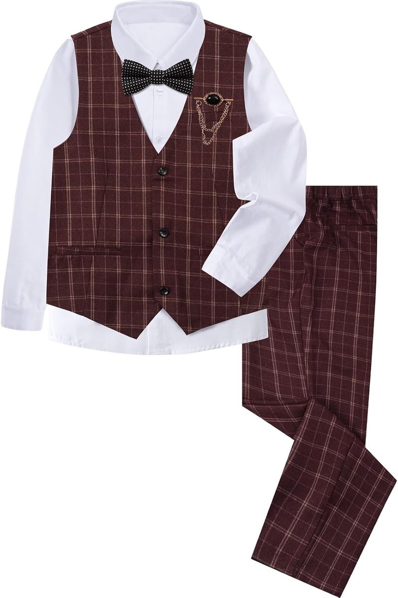 Jongens 4-delig Kostuum Set voor Kids, Trouwen Outfit met Vest, Shirt, Broek en Strik, 6-14 Jaar