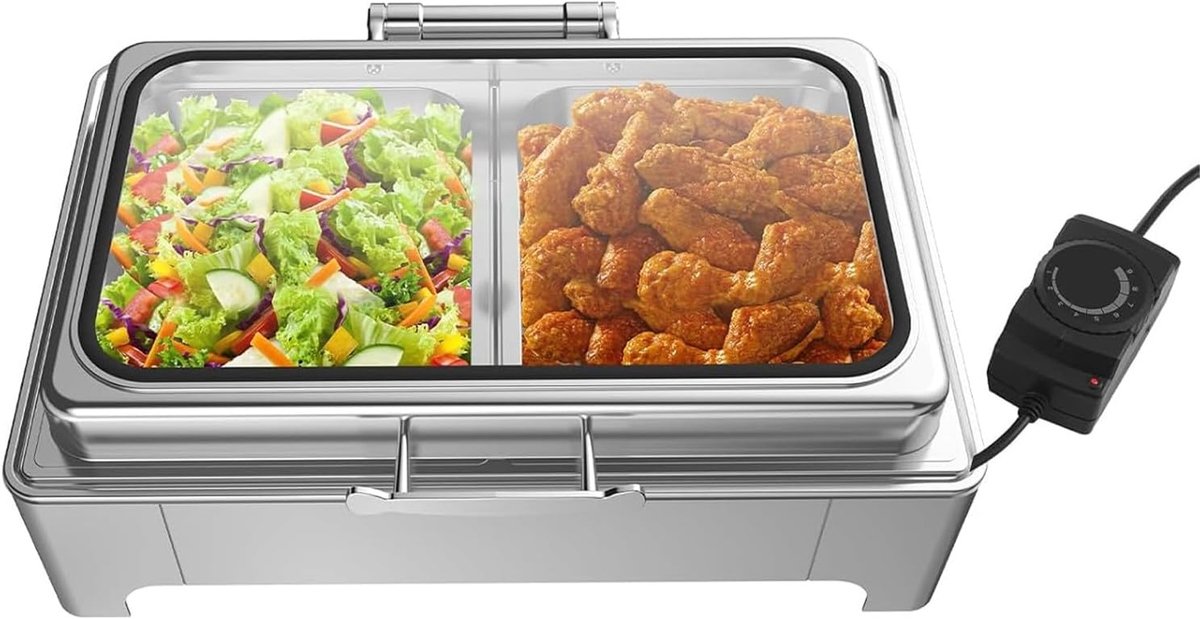 Buffet Warmers Set - Voedselverwarmer Serveer - Feestelijke Gelegenheden - Elektrische Temperatuurregeling - 9L Capaciteit - Zilver