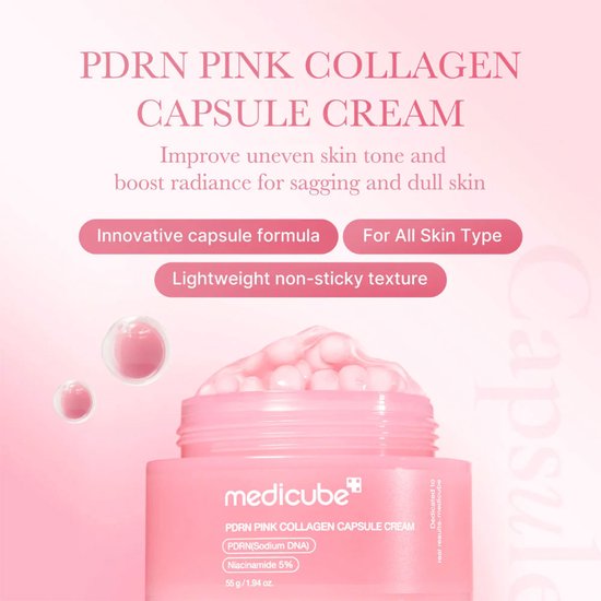 Medicube PDRN Pink Collagen Capsule Cream in een roze pot met roze capsules. "PDRN PINK COLLAGEN CAPSULE CREAM".