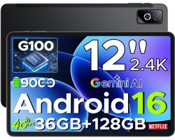 DOOGEE Tab G6 Pro - Tablet - Tablets - 36 GB RAM + 128 GB ROM (2TB/TF) - 9000 mAh/18 W - Android 16 - Gemini AI - 2,4K 90 Hz IPS - Helio G100-chipset - 4G LTE - wifi - Dubbele luidsprekers - Face ID - Zwart