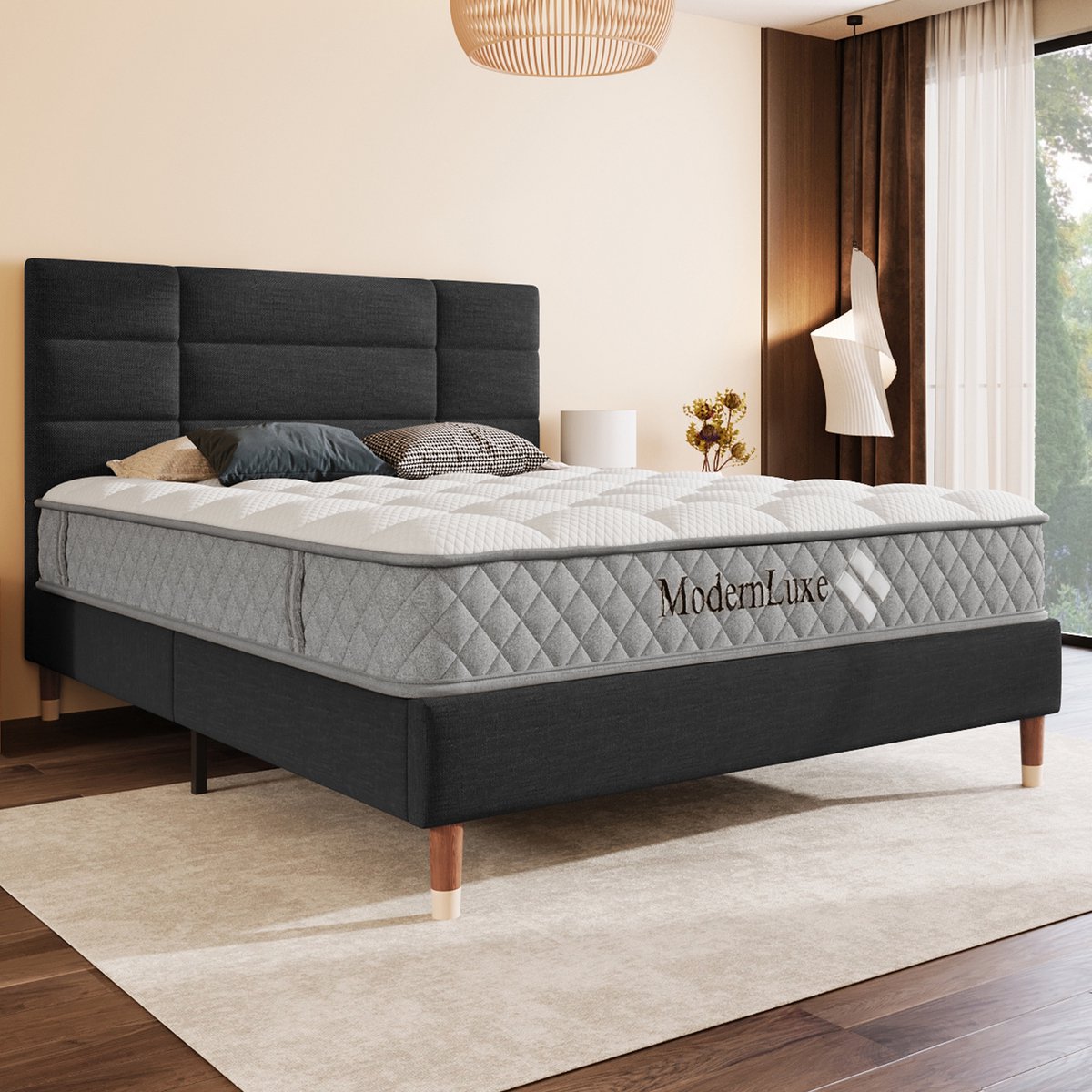 VVBV Gestoffeerd bed 140x200 / Tweepersoonsbed 140x200 – met Opbergruimte, Lattenbodem – Hoofdbord – Linnen – Zwart – Gestoffeerd Tweepersoonsbed
