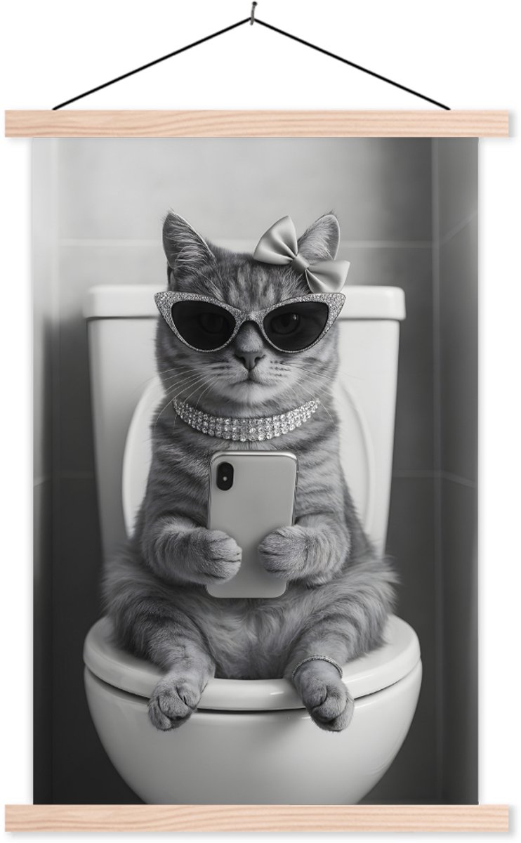 Posterhanger incl. Poster 60x90 cm - Schoolplaat - Kat - Telefoon - Toilet - Zwart - Wit -