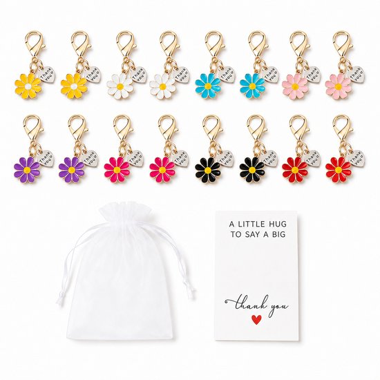 Bedankt Cadeautje - Bloem Sleutelhanger met Bedankkaartje & Zakje - Set van 16 - Bedankjes Juf & Collega - Kasey