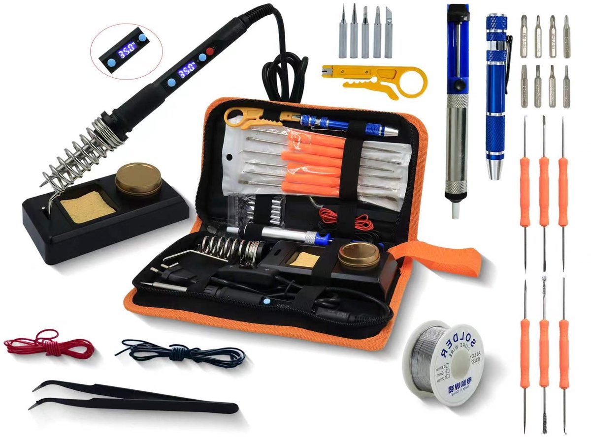 Siltcon® 3 in 1 Soldeerbout Set 60-80W - Verstelbaar 180-520°C – Houtbrander Set met Digitaal Display – Pyrografie – Inc. Soldeertin - Desoldeerpomp, Soldeerdraad, Koperen Tips & Handschoenen – 55-delig – Proffesioneel voor Solderen en Houtbranden – foto 2