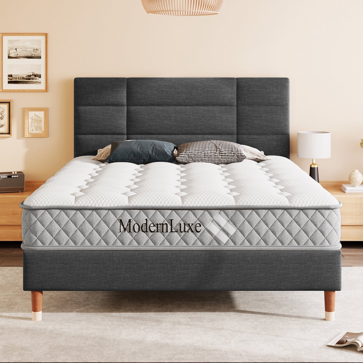 VVBV Gestoffeerd bed 140x200 / Tweepersoonsbed 140x200 – met Opbergruimte, Lattenbodem – Hoofdbord – Linnen – Donkergrijs – Gestoffeerd Tweepersoonsbed Grey