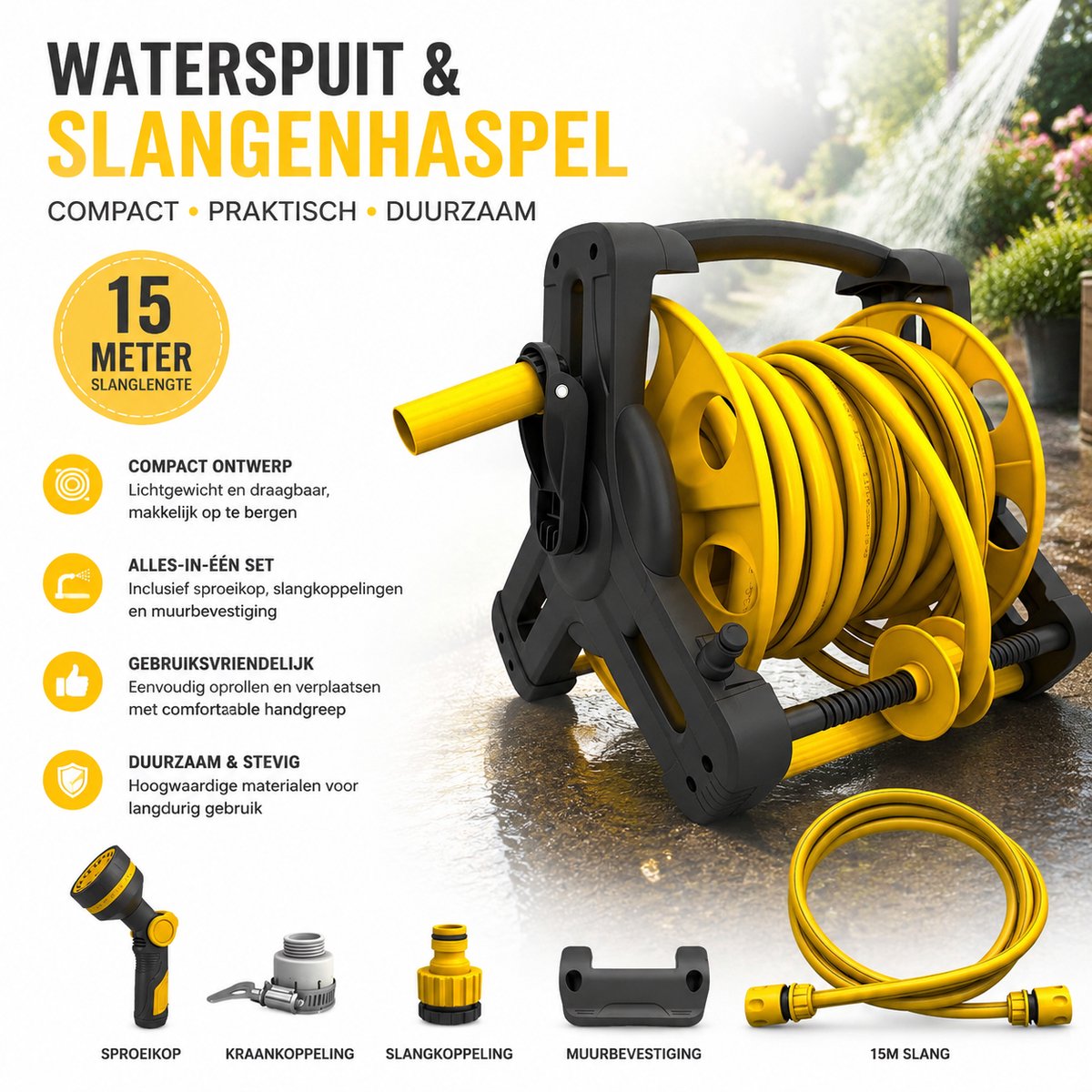Tuinslanghaspel / Waterpistoolset / Slangwagen – 15m vorstbestendige slang + 2m aansluitslang – Met 4 snelkoppelingen, straalpijp & sproeikop – Voor tuin, auto, terras & planten – Incl. handleiding