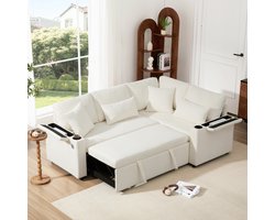 Sofa - L-vormig Uitschuifbaar Hoekbank - Canapé Convertible met Opbergruimte - Met Bekerhouder, USB-poort, Armleuningblad & 4 Kussens - 206x141x86 cm - Voor Woonkamer - Beige