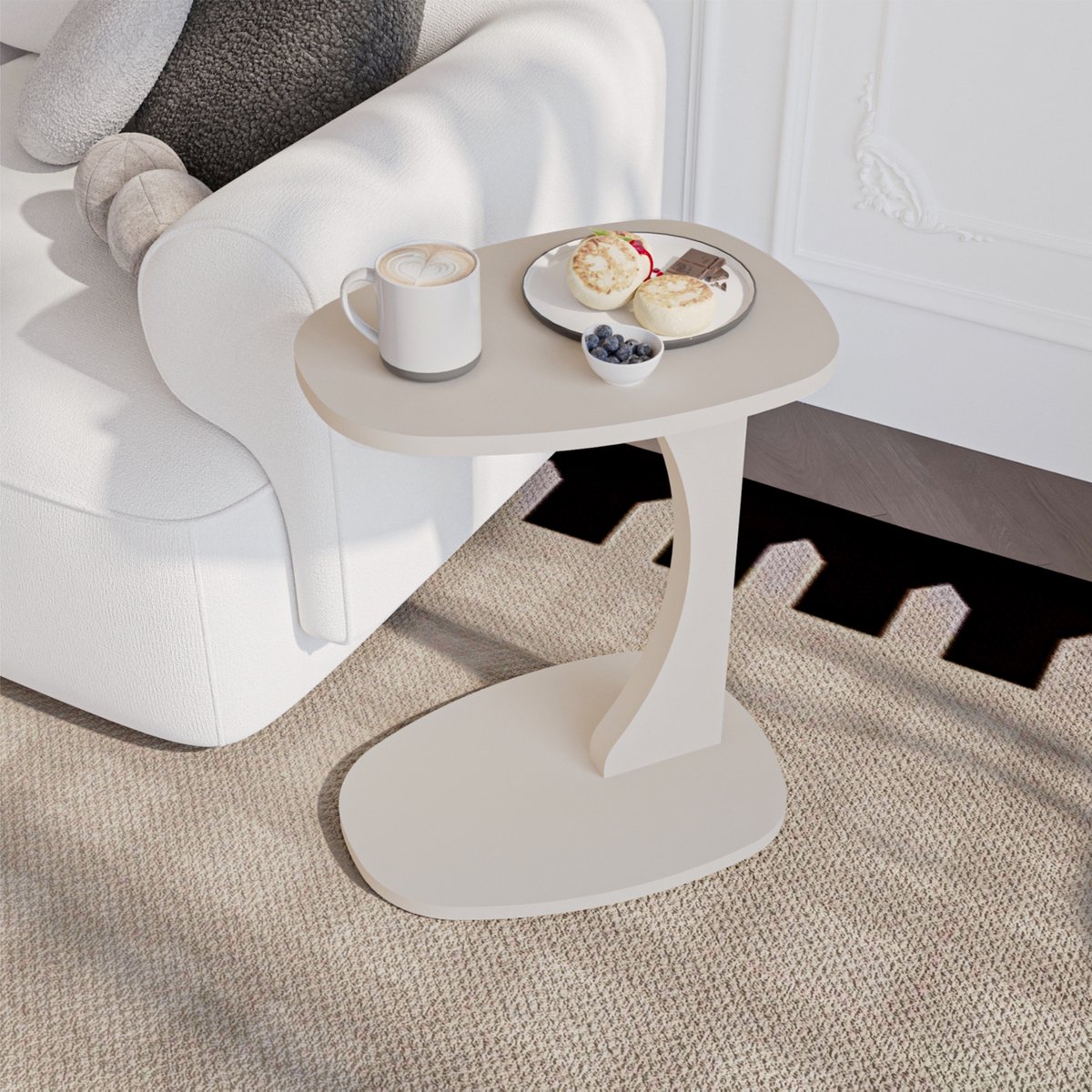 sugodesign Norma Bijzettafel - Bijzettafel met wielen - Bedtafeltje met Wielen - bijzettafel C-vorm Zandbeige - kleine stijlvolle salontafel