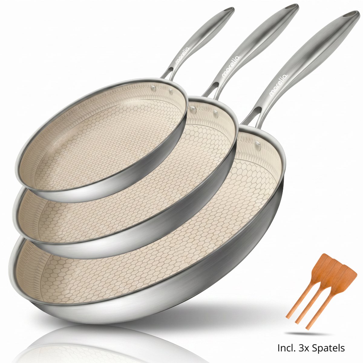 Morelia® Hybrid Pannenset - Koekenpannen Set 20, 24 & 28 cm Inductie en Gas - PFAS Vrij - Keramische Anti aanbaklaag - Oven en Vaatwasserbestendig
