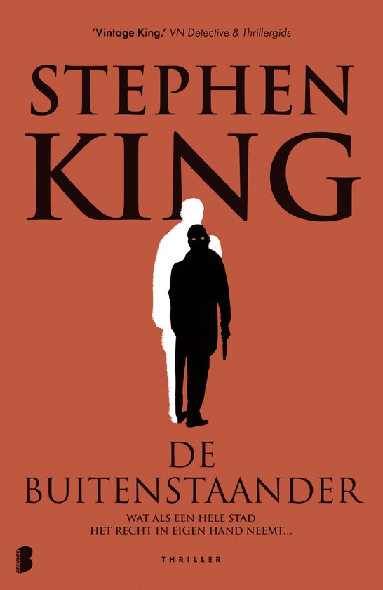 Couverture du livre avec le texte 'Stephen King De Buitenstaander' et deux silhouettes d'hommes sur fond orange.