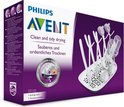 Philips Avent flessendroger met 8 drooghaken en afneembare lekbak. De verpakking toont "Clean and tidy Drying".