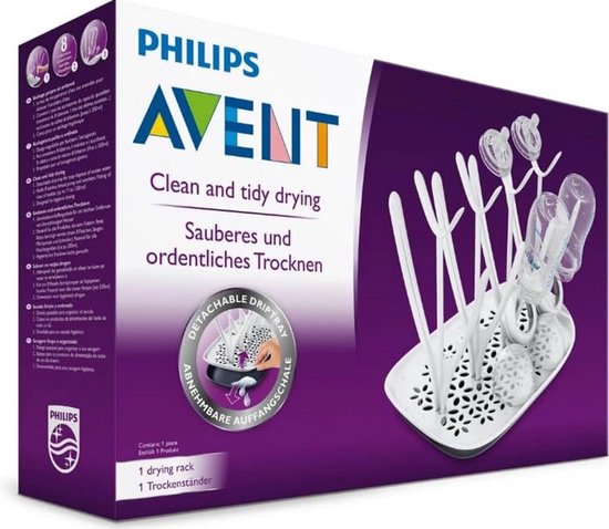 Philips Avent flessendroger met 8 drooghaken en afneembare lekbak. De verpakking toont "Clean and tidy Drying".