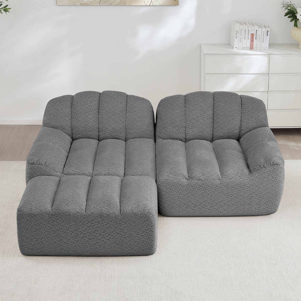 DESMIU Hoekbank 210 x 165 x 79 cm - Modulaire 2-Zits Met Ottoman En Zonder Montage - Voor Woonkamer En Appartement - Stof Grijs