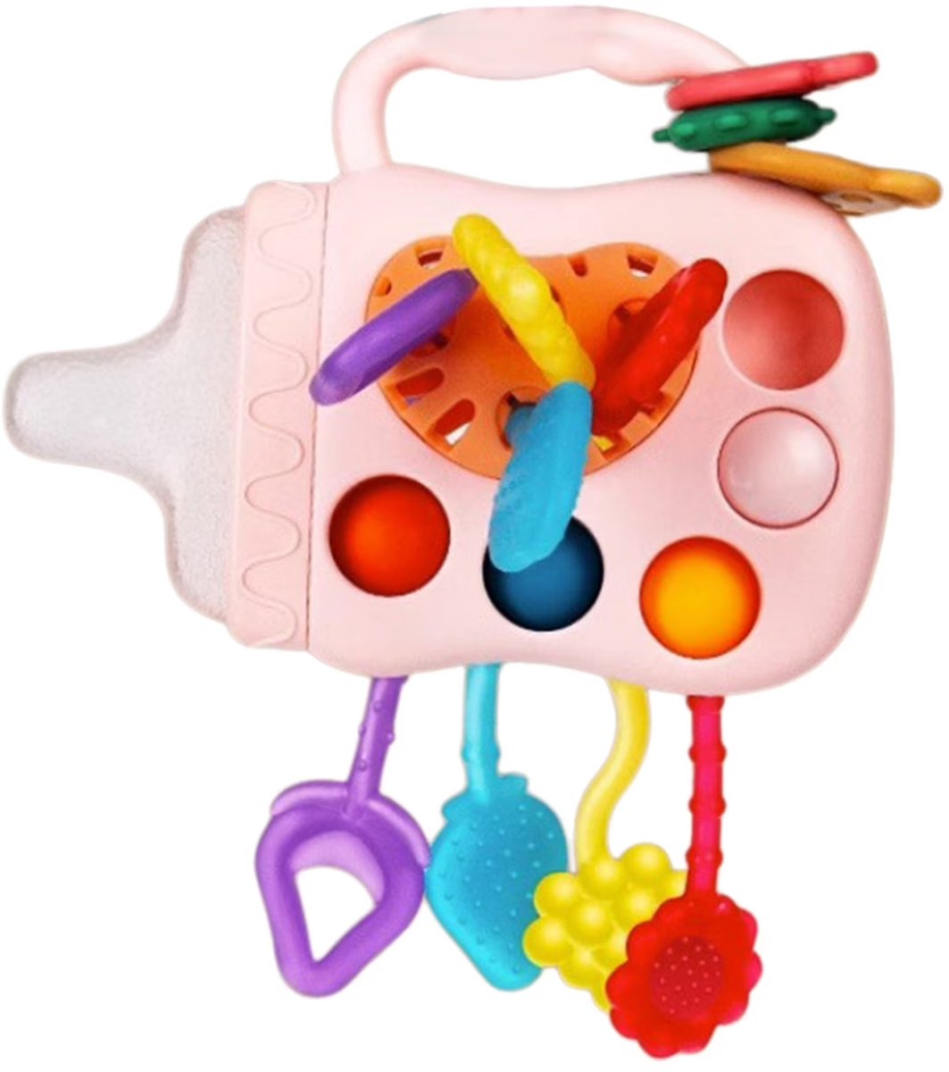 COOAU - Montessori Baby Sensorisch Speelgoed - Silicone Trektouw Babyflesje - Roze - Vanaf 6 Maanden - Fijne Motoriek & Handspierontwikkeling - Reisspeelgoed voor Onderweg - BPA-vrij Silicone