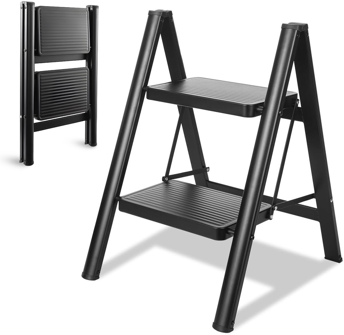 Lemlit Huishoudtrap 2 Treden 39 x 45 x 54 cm - Opvouwbare Stalen Trapladder tot 150 kg - Opstap voor Huis Kantoor en Keuken - Zwart