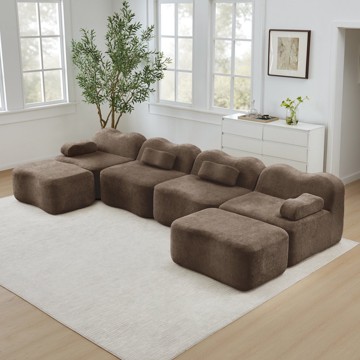 DESMIU U-Bank 384 x 167 x 70 cm - Modulair 4-Zits Zonder Frame Met 2 Hockers En 32D Schuim - Voor Woonkamer En Appartement - Velvet Bruin