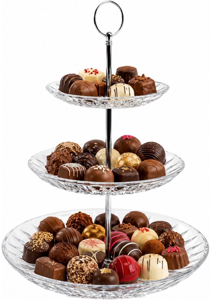 Alessandro etagere - H33 x D15/20/25 cm - transparant - decoratief glas - 3 laags - bonbons - chocolade - koekjes