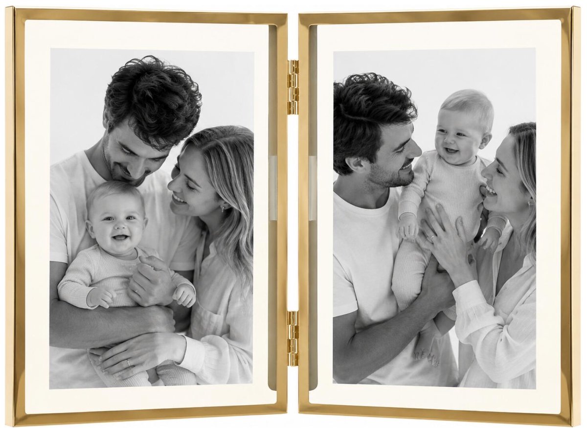 Home & Styling Opvouwbare fotolijst - gouden frame - voor 2 fotos van 13 x 18 cm - lijstje is 27 x 18 cm - rvs - harmonica lijst