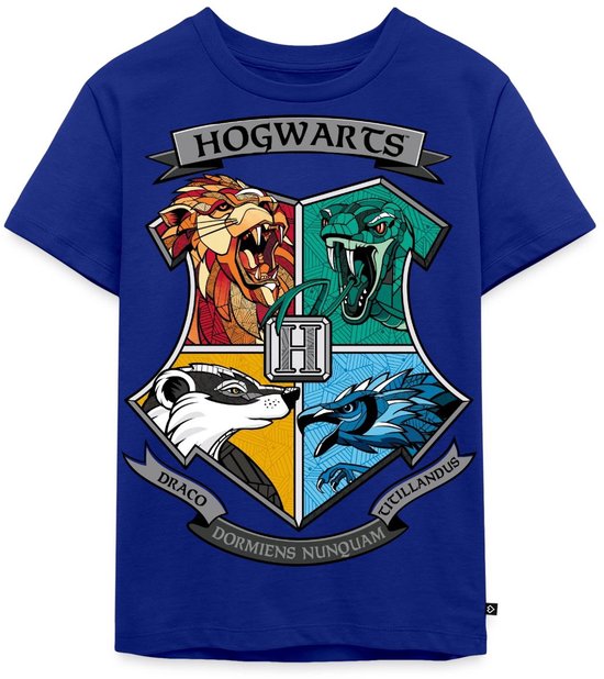 Blauwe T-shirt met het Hogwarts-wapenschild, met een leeuw, slang, das en adelaar.