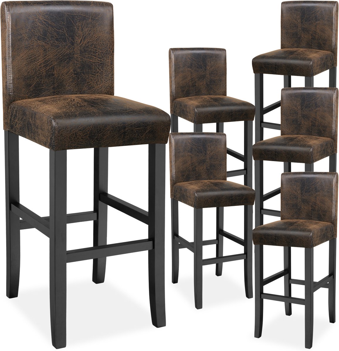Tectake Set van 6 Barkrukken met Rugleuning - Gestoffeerde Barkruk - Zithoogte 76 cm - Barstoel met Voetsteun - Kruk met Kunstleren Bekleding - Ergonomische Vorm - Barstoelen voor Keuken & Bar - Eetkamerstoelen - Antiek Bruin 6 Stuks / Oud bruin