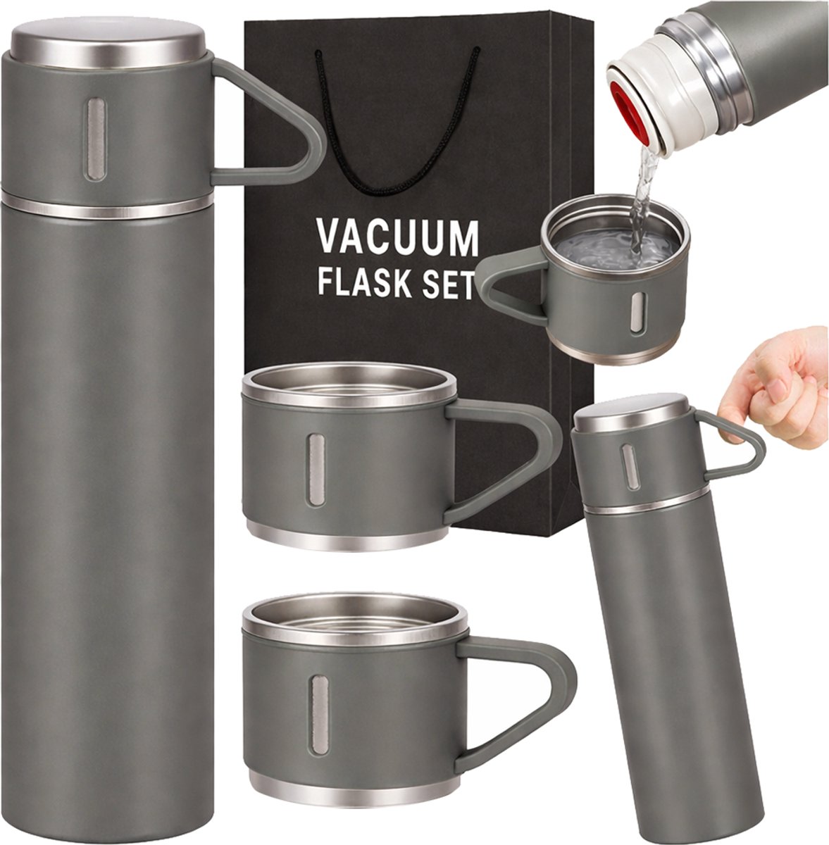 Thermosfles van 400 ml + 3 Kopjes – Roestvrij staal – Voor Warme en Koude Dranken
