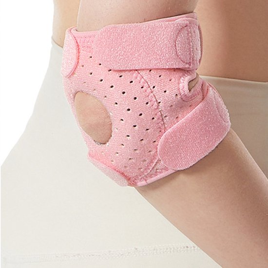 Roze elleboogbrace met klittenbandsluiting en verstelbare banden.
