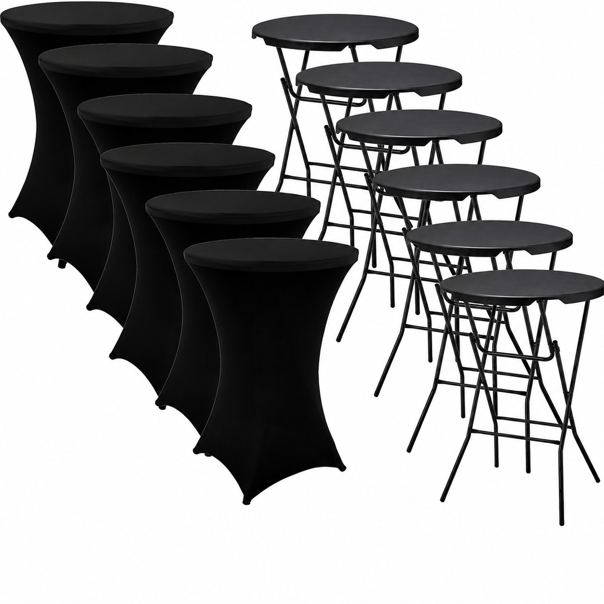 Alora 6x Zwarte Statafel + Zwarte Statafelrok x 6 – ø80 cm x 110 cm hoog - Cocktailtafel - Hoge staan tafel - Breed Blad - Inclusief zwarte Statafelhoes - Staantafelrok Stretch - Bartafel rond - Sta tafel Horeca