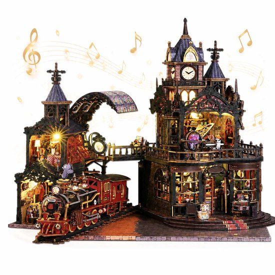 Meedeer Premium Miniatuur bouwpakket-Houten modelbouw-DIY-De combinatie van een kasteel en een stoomtrein-Poppenhuis-Met Muziek en LED verlichting-Poppenhuis-Verjaardagscadeau Kerstmis-Voor 14 jaar +