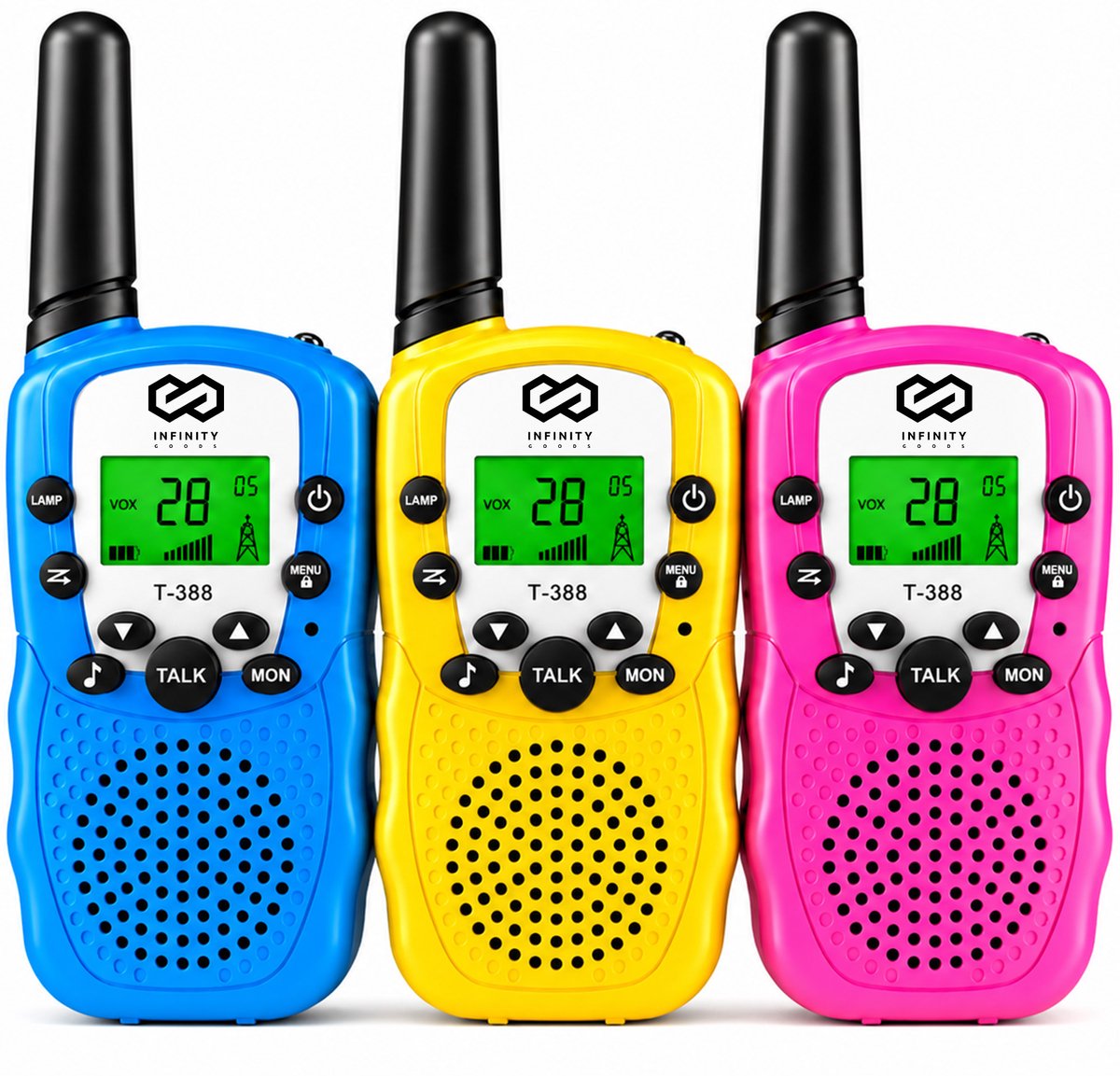 Infinity Goods Walkie Talkie - Voor Kinderen En Volwassenen - 3 Stuks - Incl. Batterijen - 3KM Bereik - Blauw, Roze & Geel