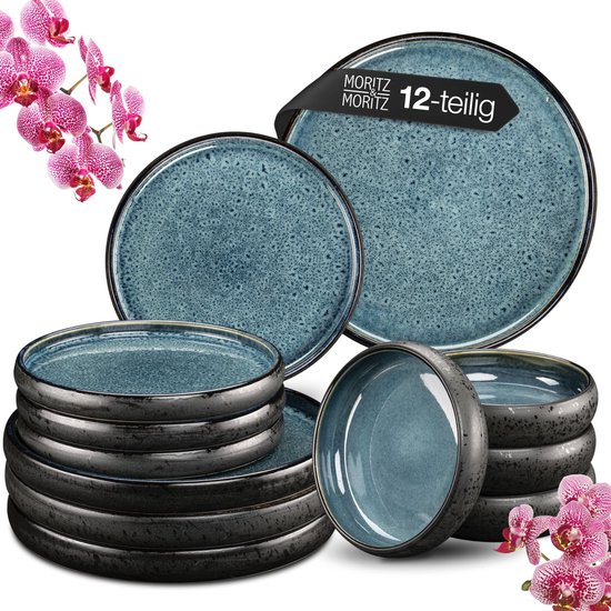 Moritz & Moritz SOLID 12-delige Serviesset 4 Persoons Blauw – Modern Bordenset Aardewerk – Servies met dinerborden, dessertborden en soepborden