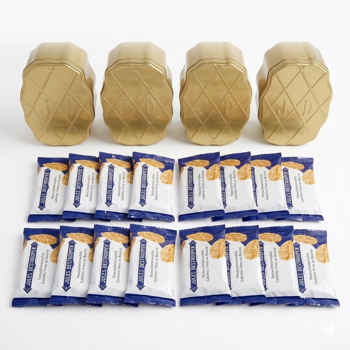 Jules Destrooper Butter Crisp Tin - Set van 4 blikken - Natuurboterwafels in luxe geschenkblik - 4 x 96g (64 koekjes) - Belgische koekjes met echte boter - Hofleverancier sinds 1886 - Voordeelset & cadeau bij koffie of thee