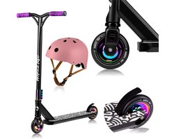 Lionelo Whizz Neo Freestyle Step + Fietshelm voor kinderen – 110 mm PU High Rebound Wielen – ABEC-9 Lagers – HIC Compressiesysteem – Breed T-Bar Stuur – Antislip Aluminium Deck – Neochrome Afwerking – Stuntstep tot 100 kg – Lichtgewicht 3,6 kg