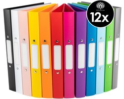 OfficeTree 12-delige A4 Ringmap set - 12 kleuren - 2-ringsmechanisme - A4-ringmap met een rugbreedte van 3,5 cm - ringmappen van stevig kunststof - smalle ringmappen incl. stickers