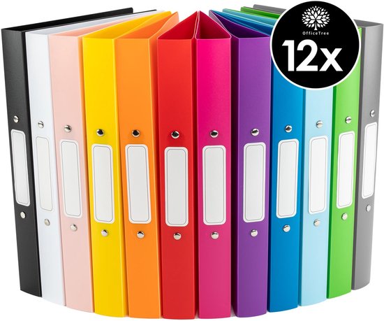 Twaalf OfficeTree A4-mappen in verschillende kleuren, op een witte achtergrond.